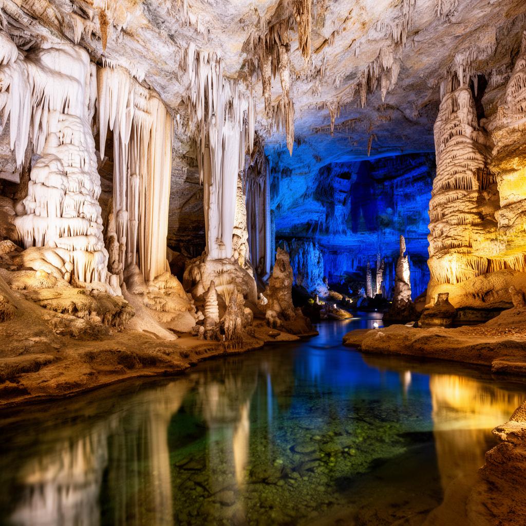 Intérieur spectaculaire de la Grotte de Tourtoirac stalactites rivière souterraine Dordogne