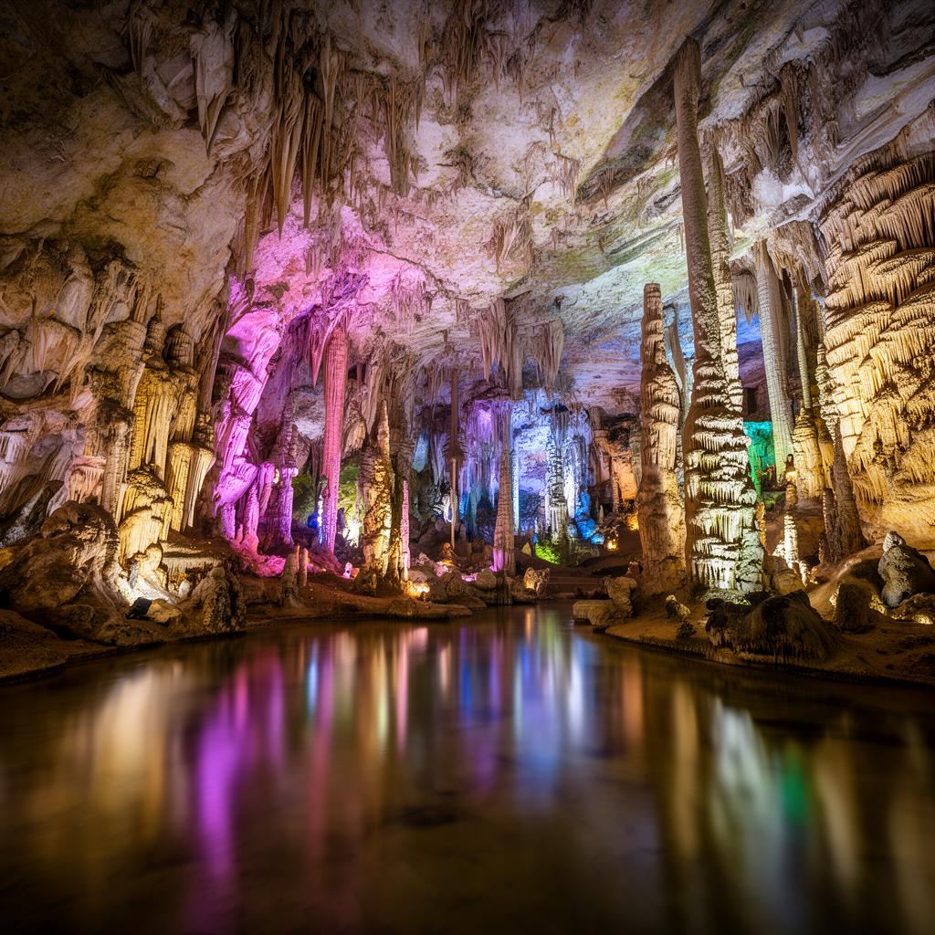 Concrétions calcaires illuminées dans la grotte de Tourtoirac Périgord